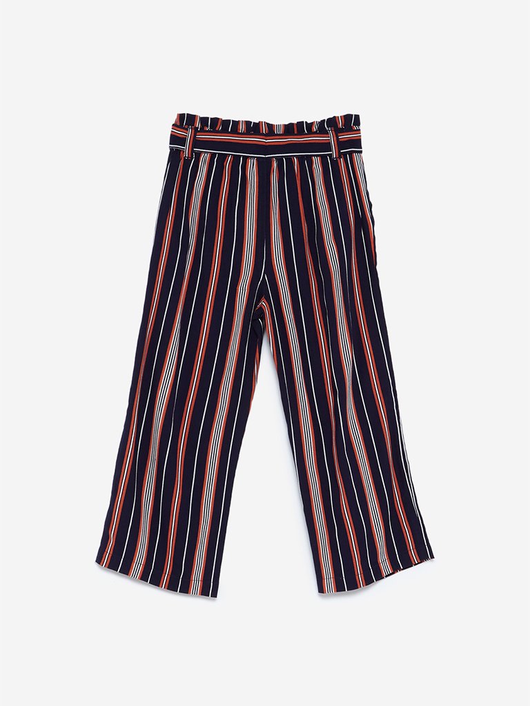 HOP Kids Navy Striped Palazzos With Belt