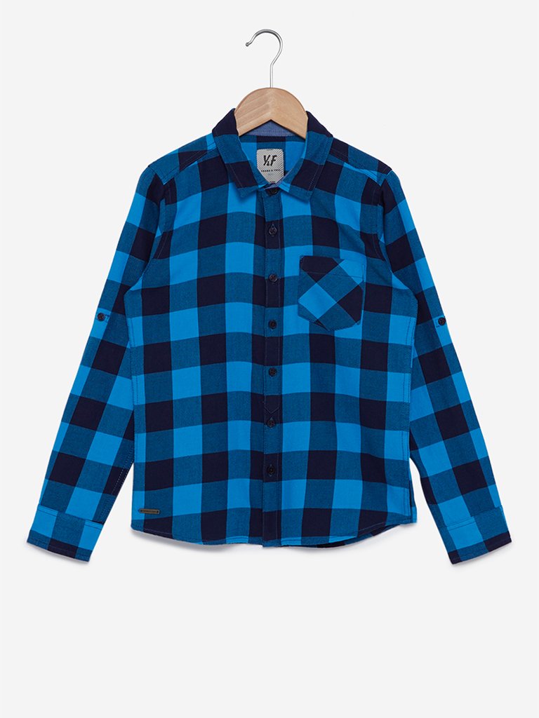 Y&F Kids Blue Checkered Pure Cotton Shirt
