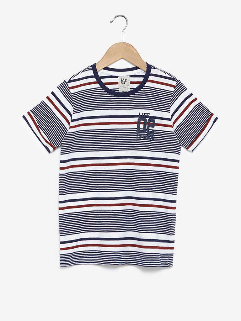Y&F Kids White Stripe Print Cotton T-Shirt