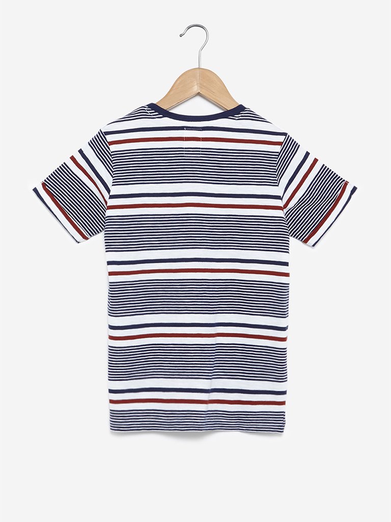 Y&F Kids White Stripe Print Cotton T-Shirt