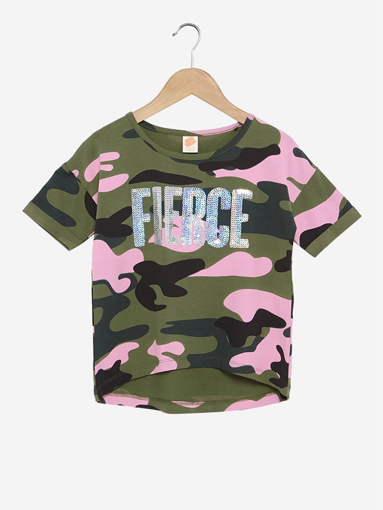 Y&F Kids Olive Camouflage Print High-Low T-Shirt