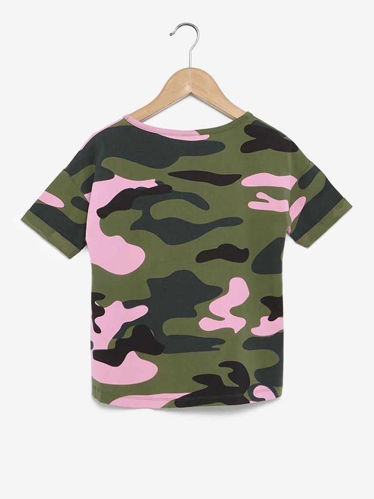 Y&F Kids Olive Camouflage Print High-Low T-Shirt