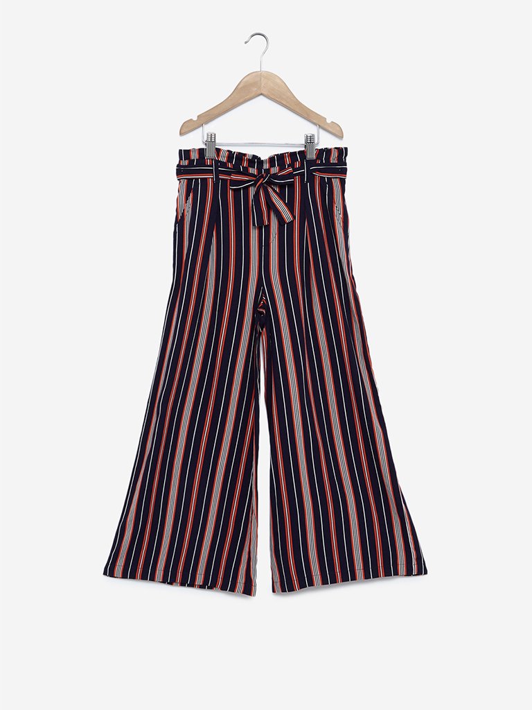 Y&F Kids Navy Striped Palazzos With Belt