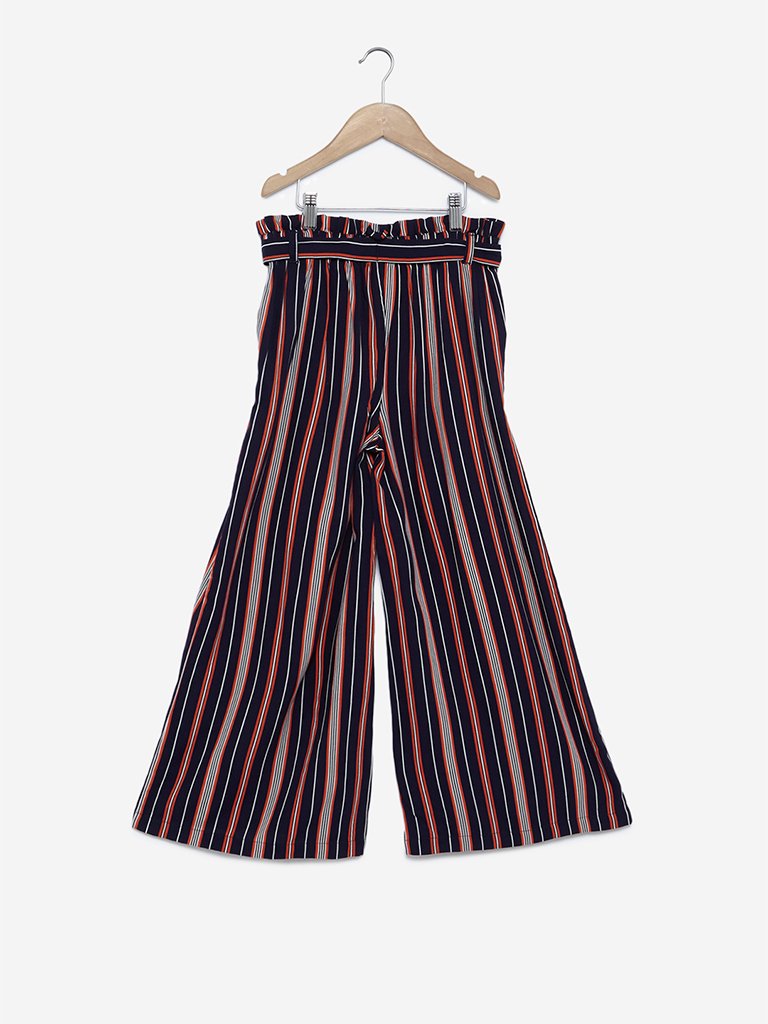 Y&F Kids Navy Striped Palazzos With Belt