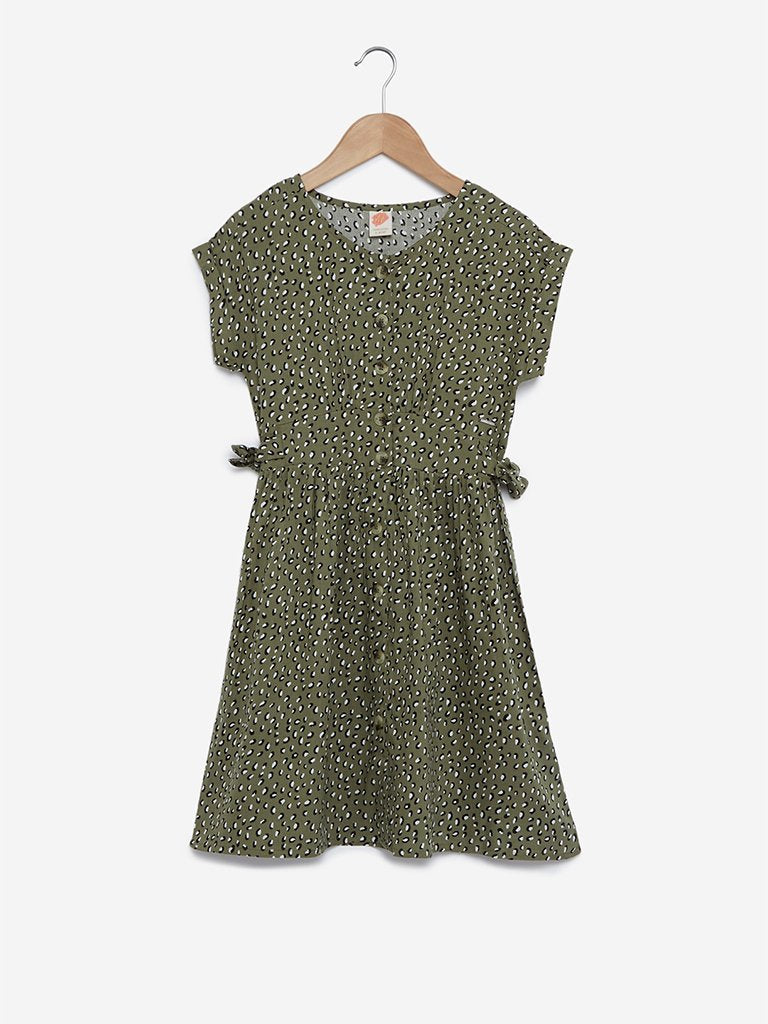 Y&F Kids Olive Printed Fit-And-Flare Dress