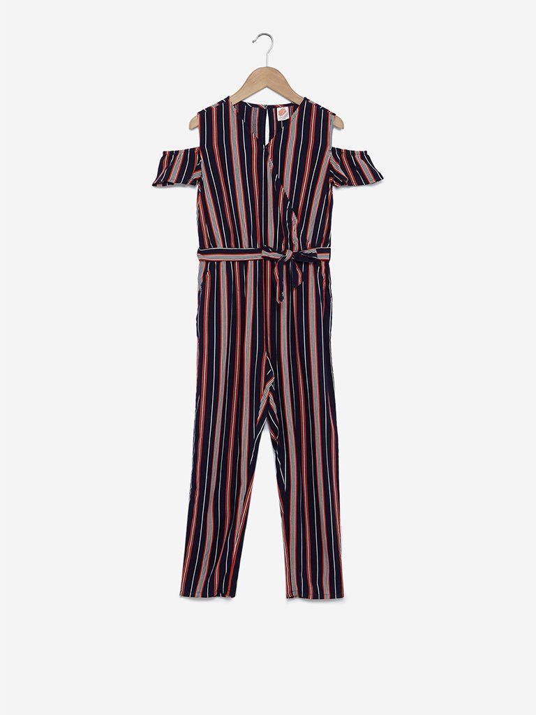 Y&F Kids Navy Ray Striped Cold-Shoulder Jumpsuit