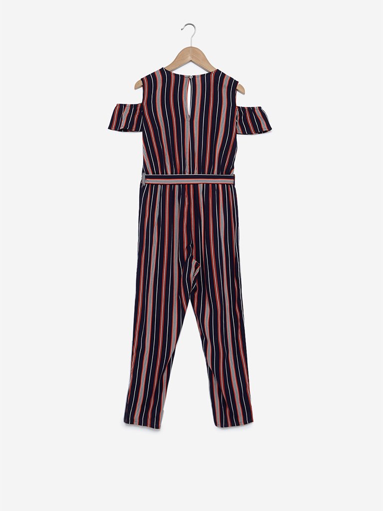 Y&F Kids Navy Ray Striped Cold-Shoulder Jumpsuit