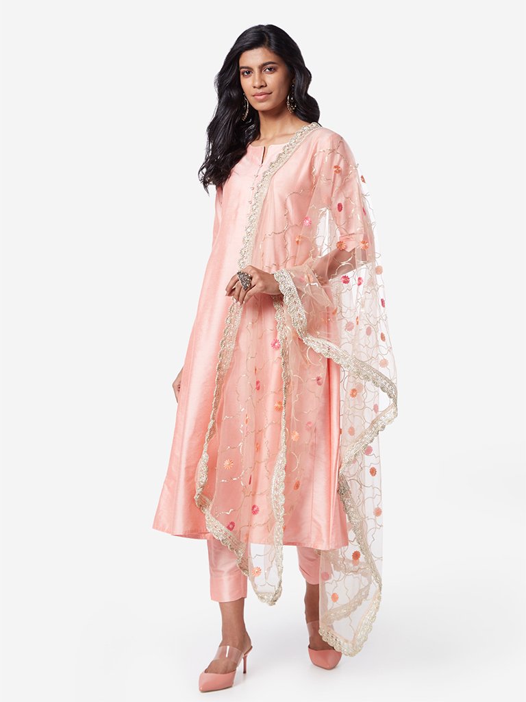 Vark Peach Anarkali Kurta And Floral Dupatta Set