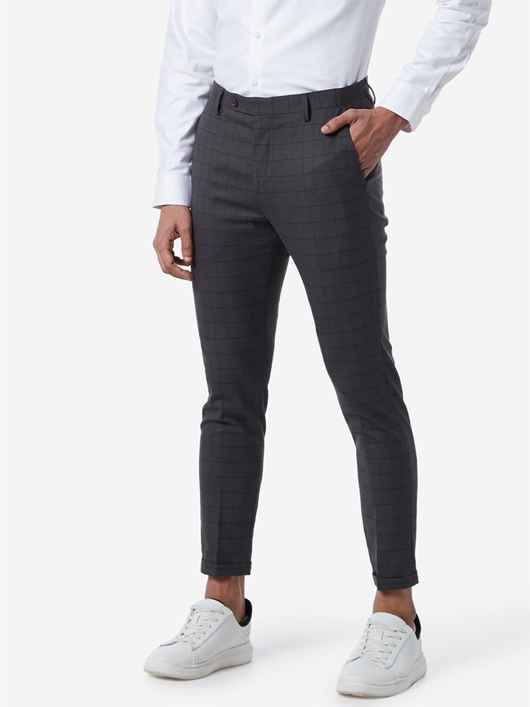 WES Formals Charcoal Checked Carrot Fit Trousers