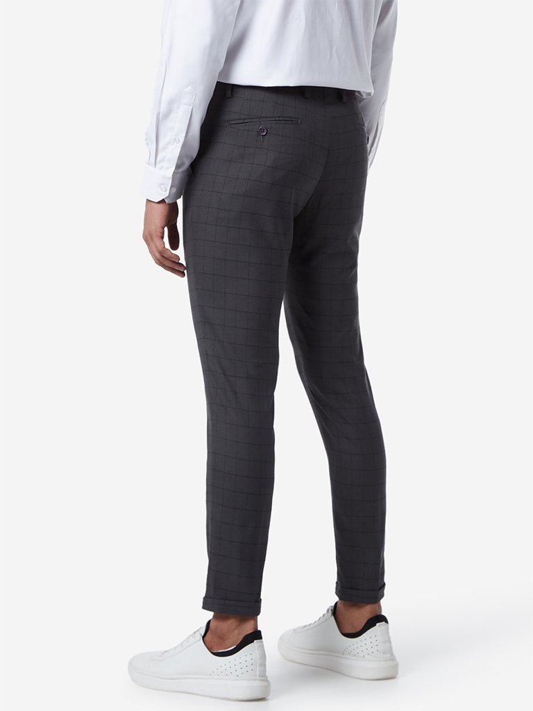 WES Formals Charcoal Checked Carrot Fit Trousers