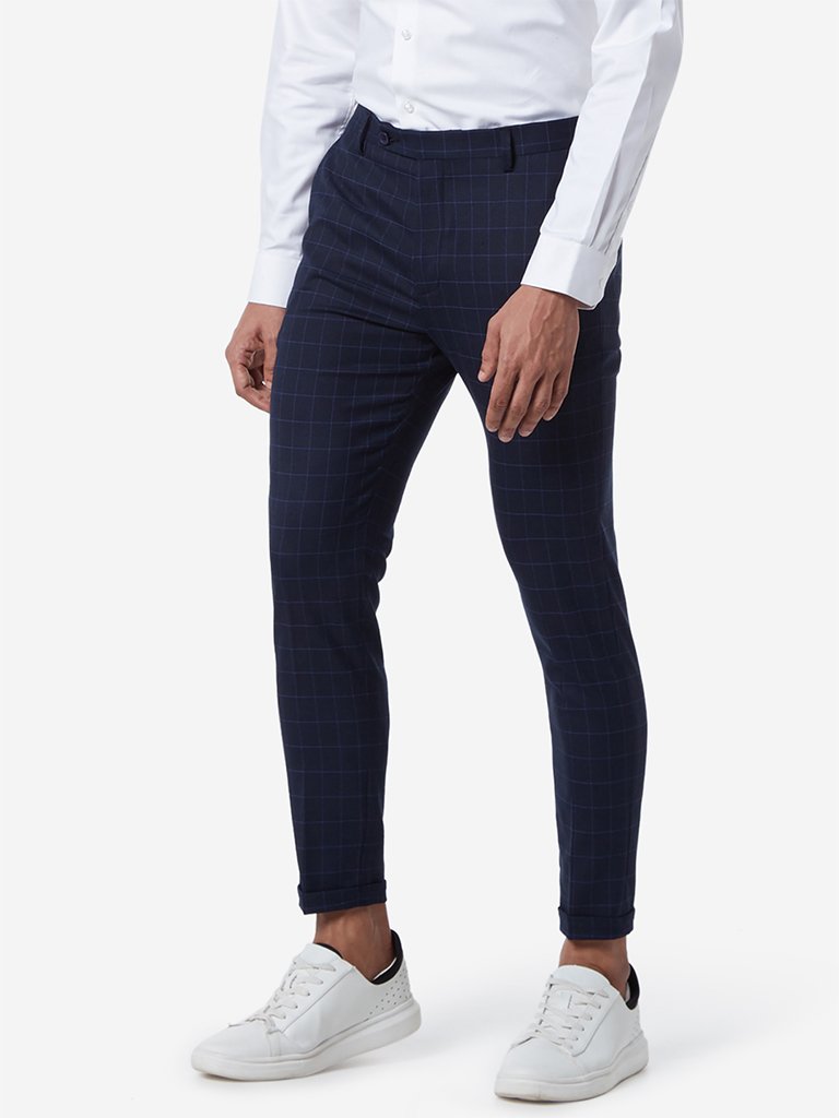 WES Formals Navy Checked Carrot Fit Trousers