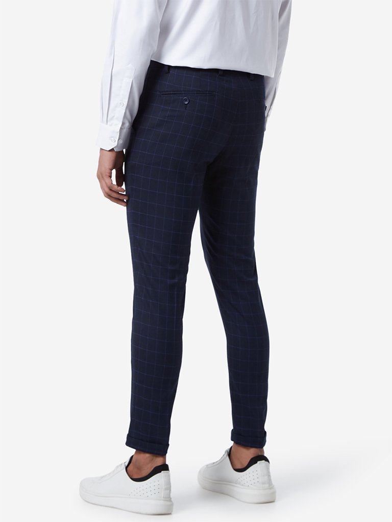 WES Formals Navy Checked Carrot Fit Trousers