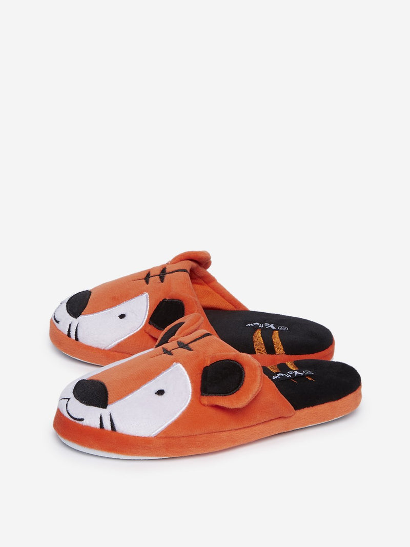 Yellow Kids Orange Tiger Print Bedroom Slippers