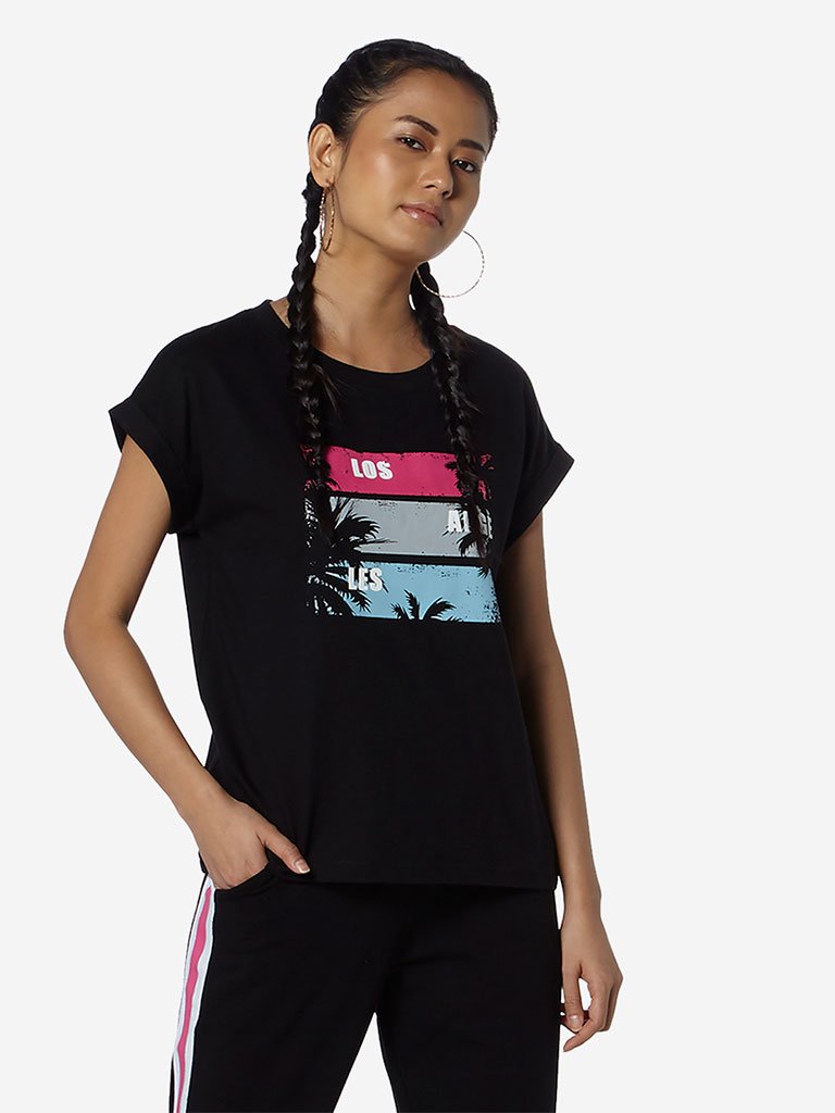 Studiofit Black Text Design T-Shirt