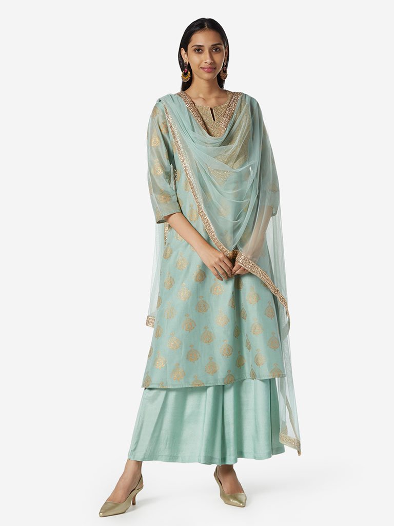Vark Light Blue Kurta, Dupatta And Palazzos Set
