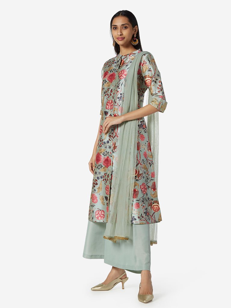 Vark Blue A-Line Kurta, Palazzos And Dupatta