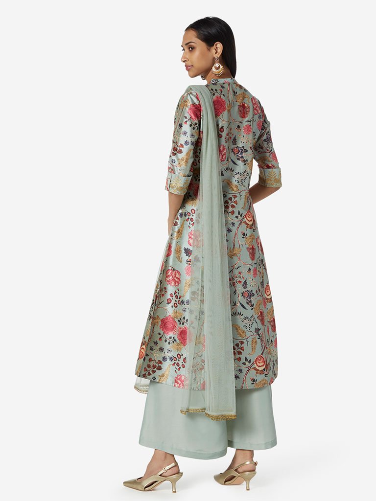Vark Blue A-Line Kurta, Palazzos And Dupatta