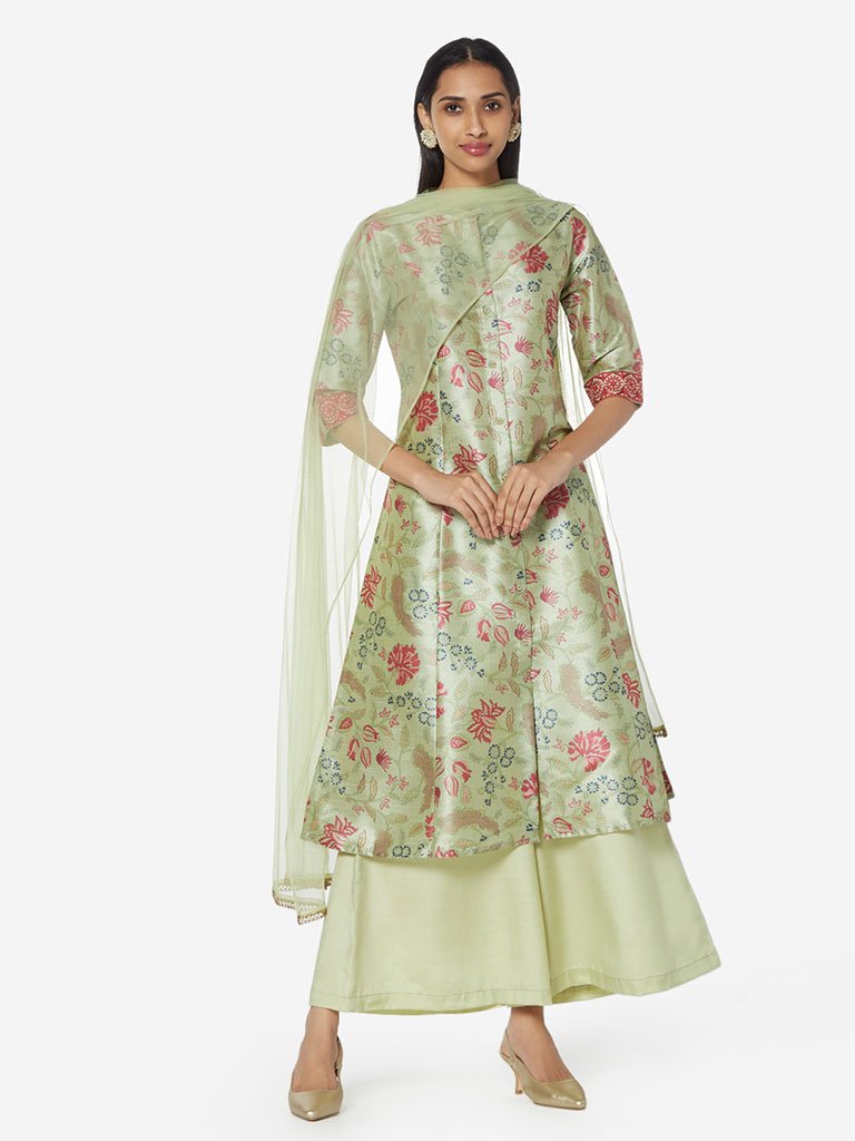 Vark Sea Green Kurta, Palazzos And Dupatta