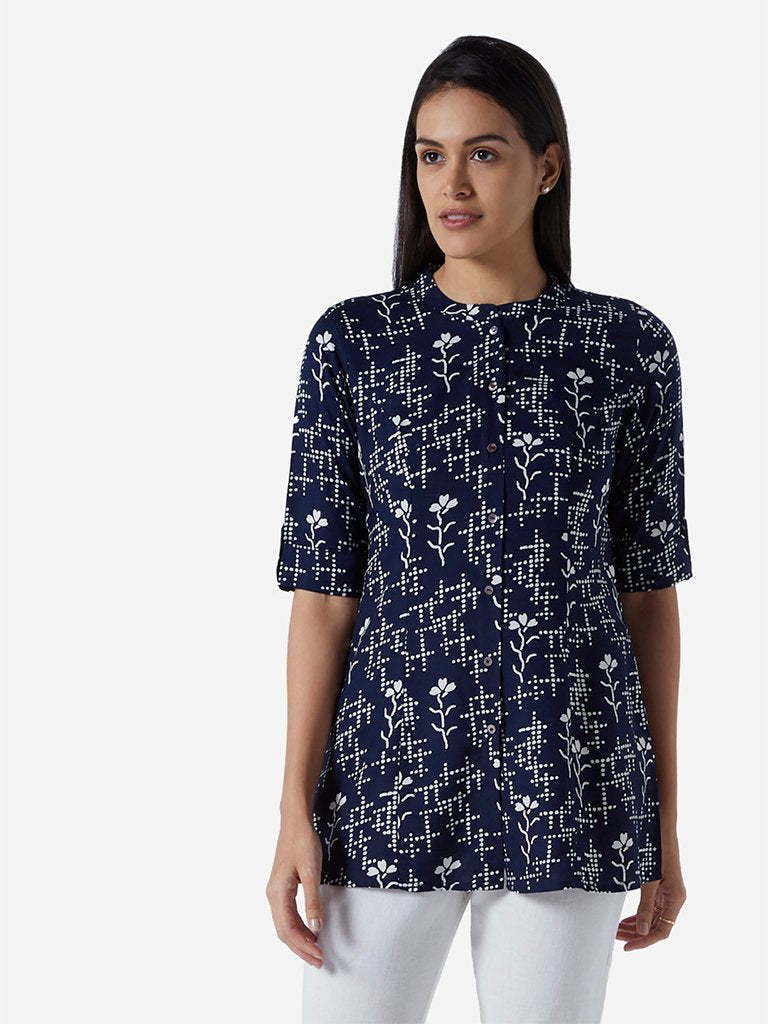 Utsa Indigo Printed A-line Ethnic Top
