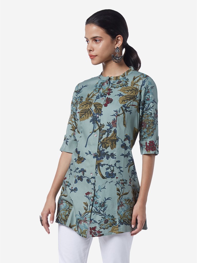Utsa Sage Green Floral Print A-line Kurti
