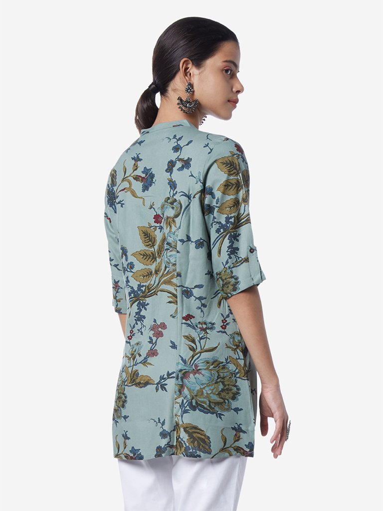 Utsa Sage Green Floral Print A-line Kurti