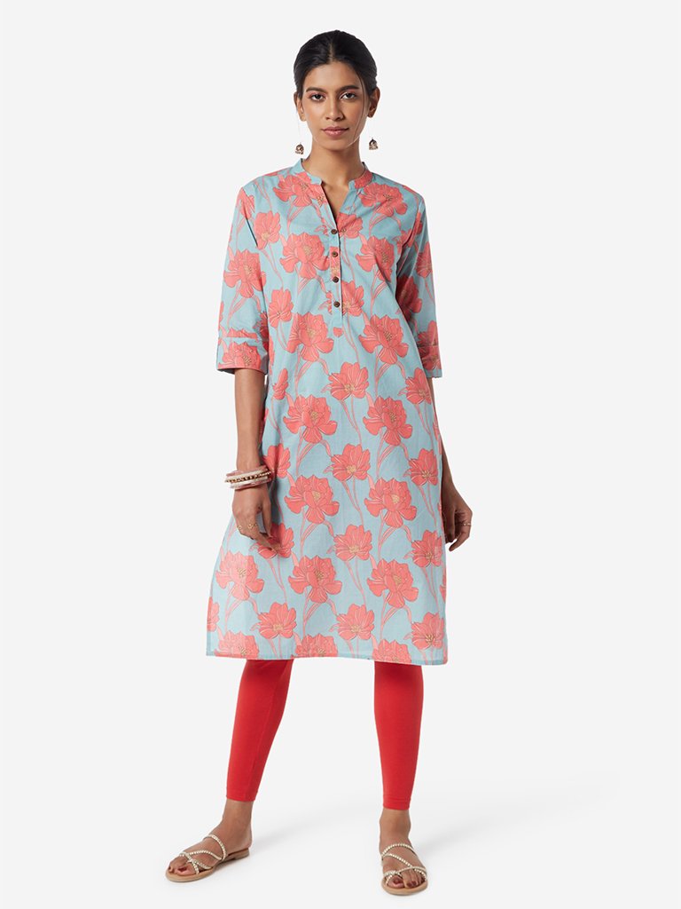 Utsa Light Blue Floral Print Straight Kurta