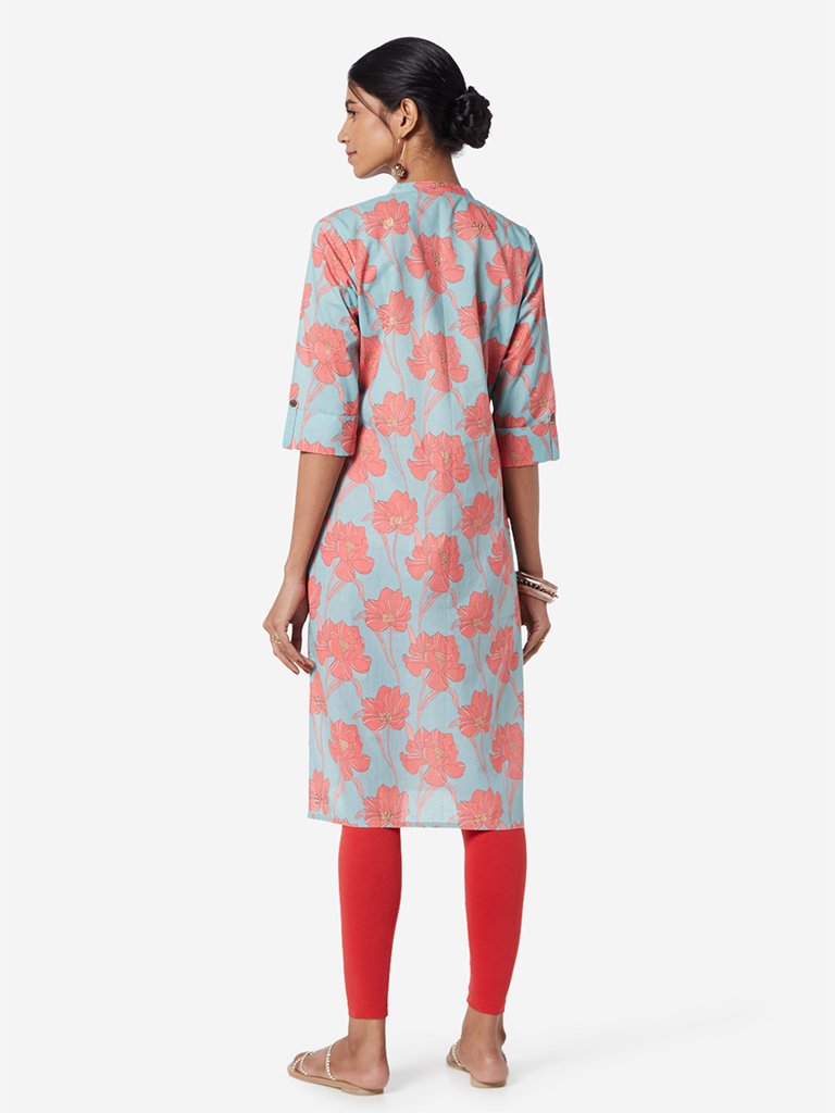 Utsa Light Blue Floral Print Straight Kurta