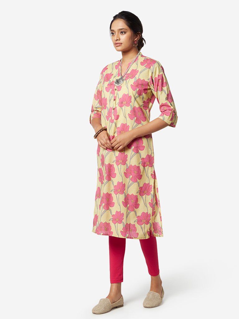 Utsa Yellow Floral Print Straight Kurta