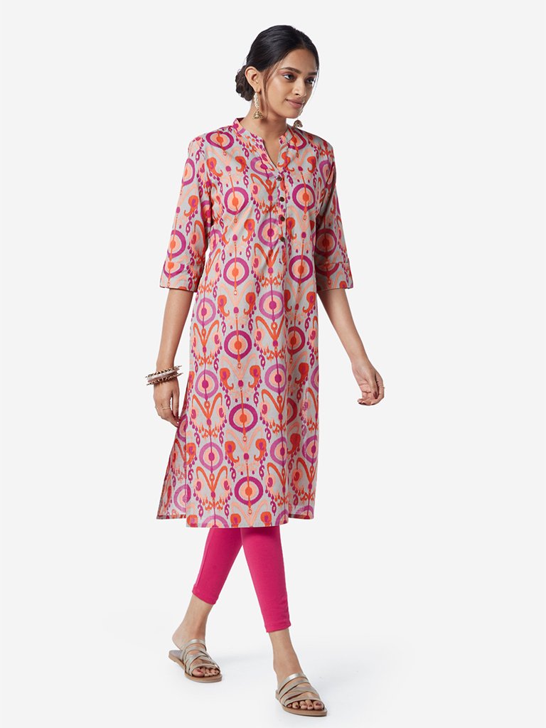 Utsa Pink Ikat Patterned Straight Kurta