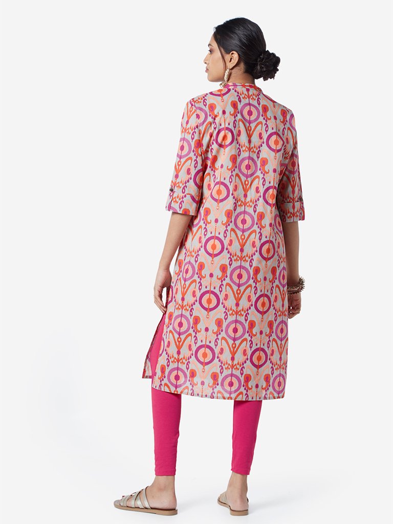 Utsa Pink Ikat Patterned Straight Kurta