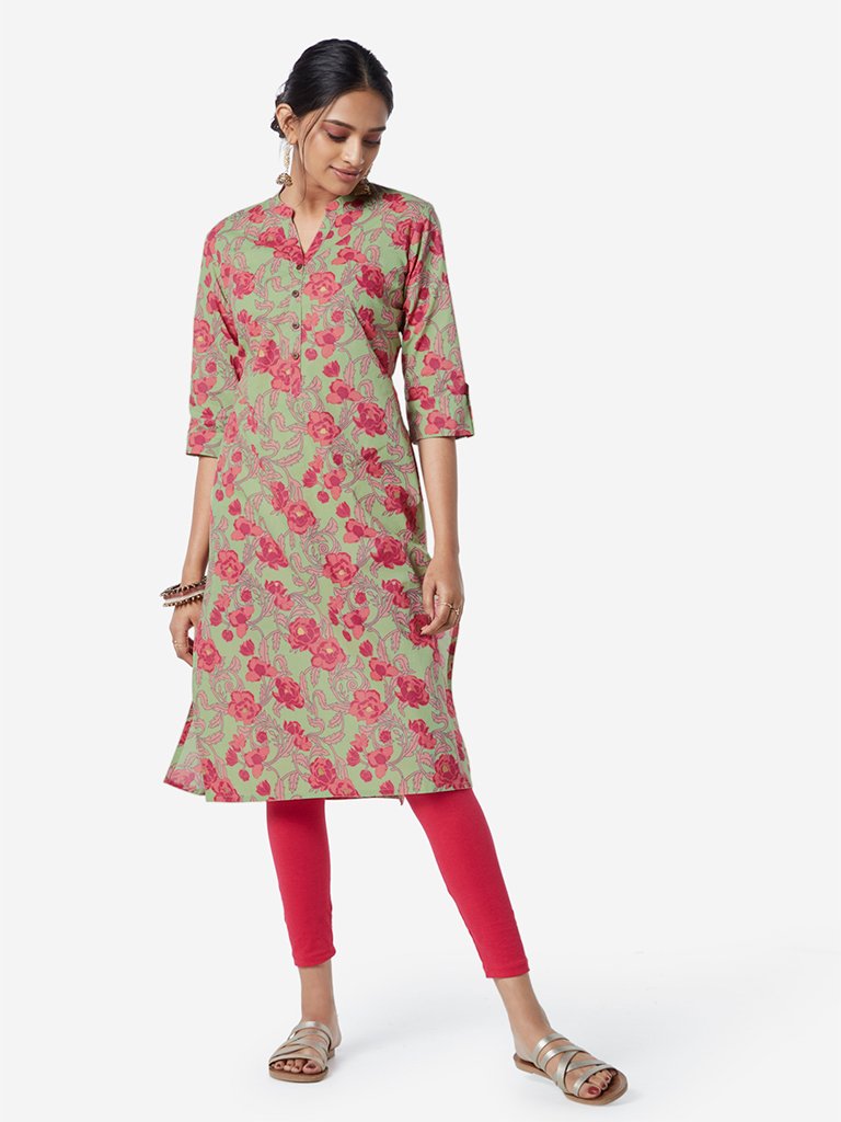 Utsa Lime Floral Pattern Straight Kurta