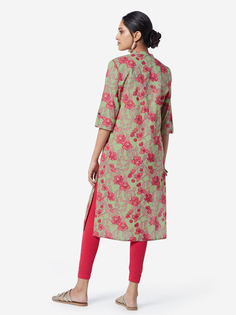 Utsa Lime Floral Pattern Straight Kurta