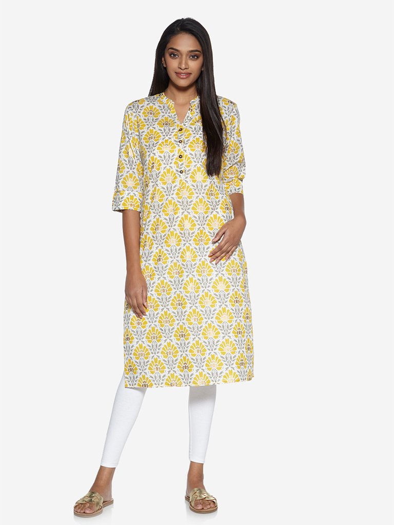 Utsa Yellow Floral Print Straight Kurta