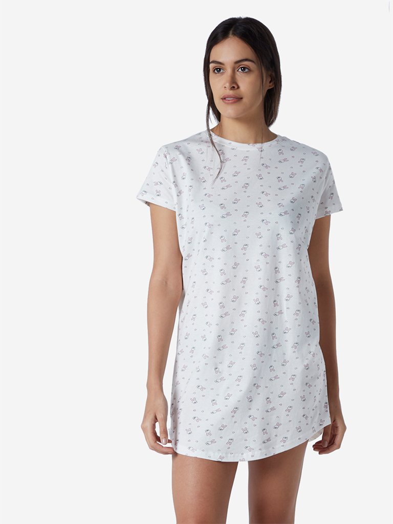 Wunderlove White Bunny Printed Nightdress