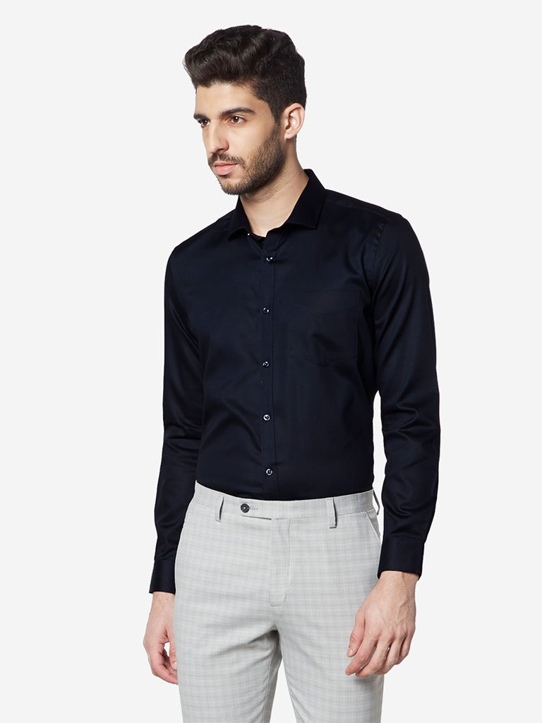 WES Formals Navy Self-Patterned Slim Fit Shirt