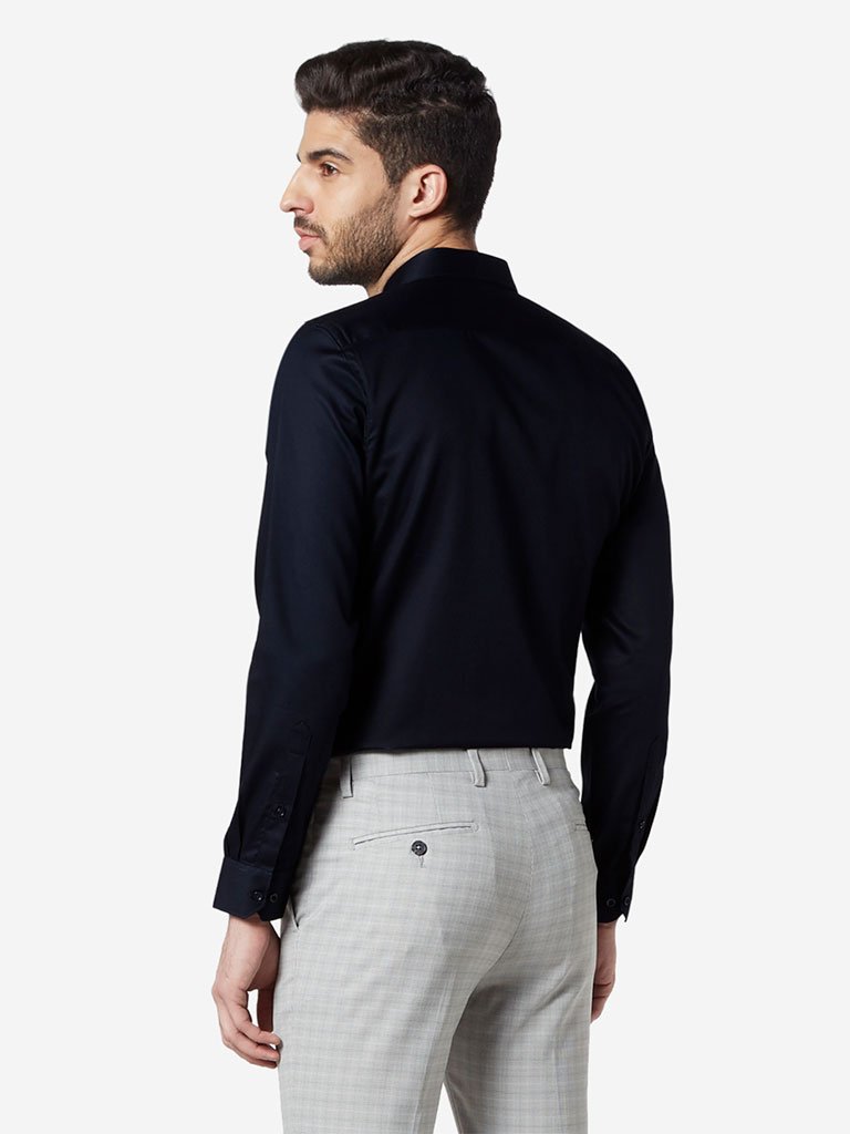 WES Formals Navy Self-Patterned Slim Fit Shirt