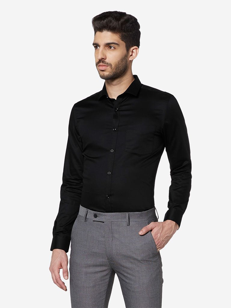 WES Formals Black Self-Patterned Slim Fit Shirt