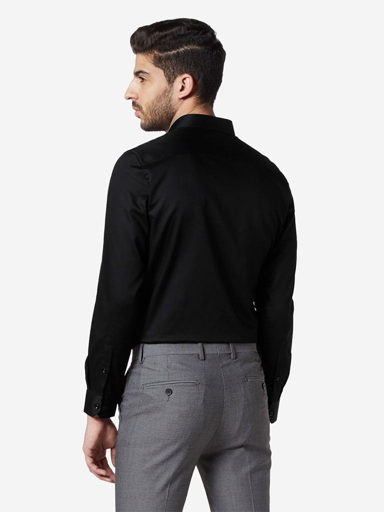 WES Formals Black Self-Patterned Slim Fit Shirt