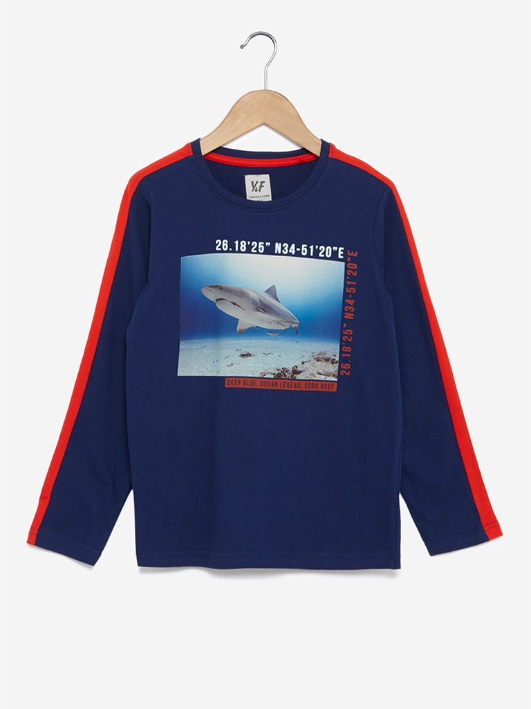 Y&F Kids Indigo Printed Cotton T-Shirt