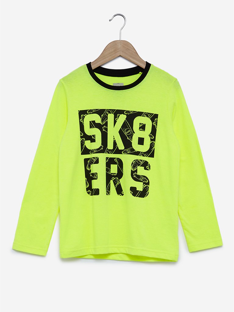 Y&F Kids Neon-Green Printed Crewneck T-Shirt