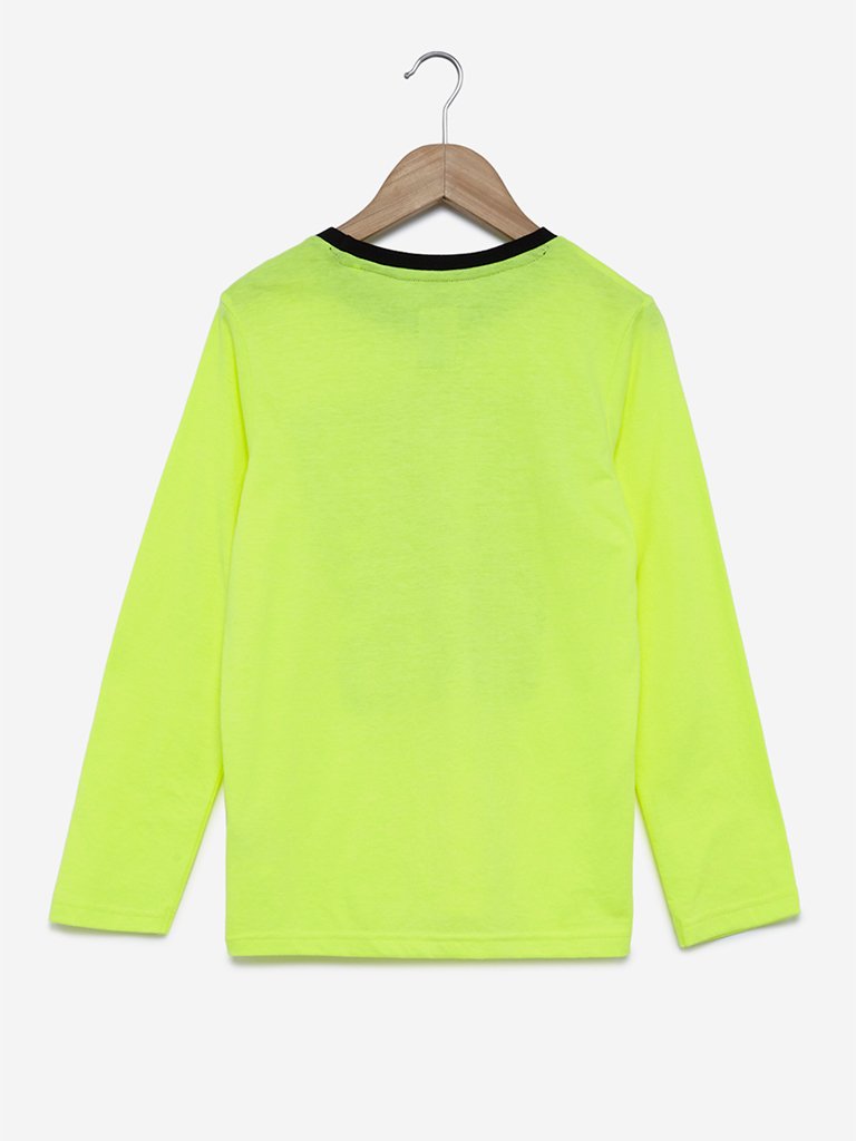 Y&F Kids Neon-Green Printed Crewneck T-Shirt