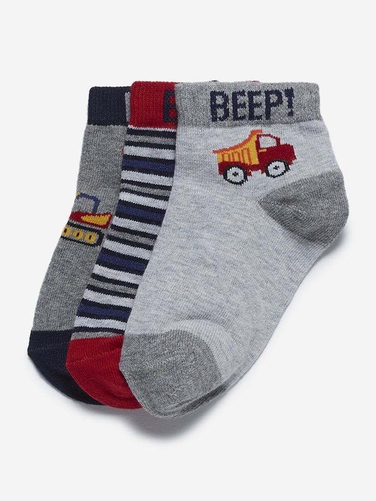 HOP Kids Grey Printed Socks Pack of Three