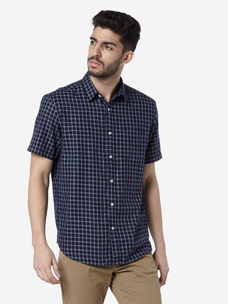 WES Casuals Navy Relaxed-Fit Checked Shirt