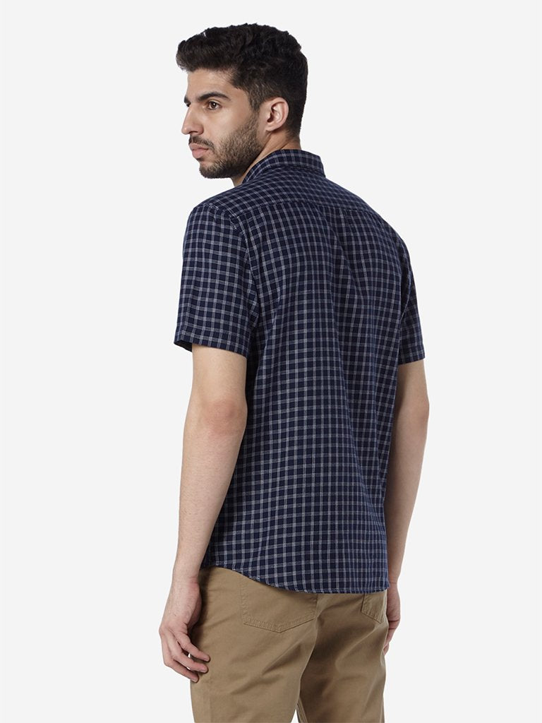 WES Casuals Navy Relaxed-Fit Checked Shirt