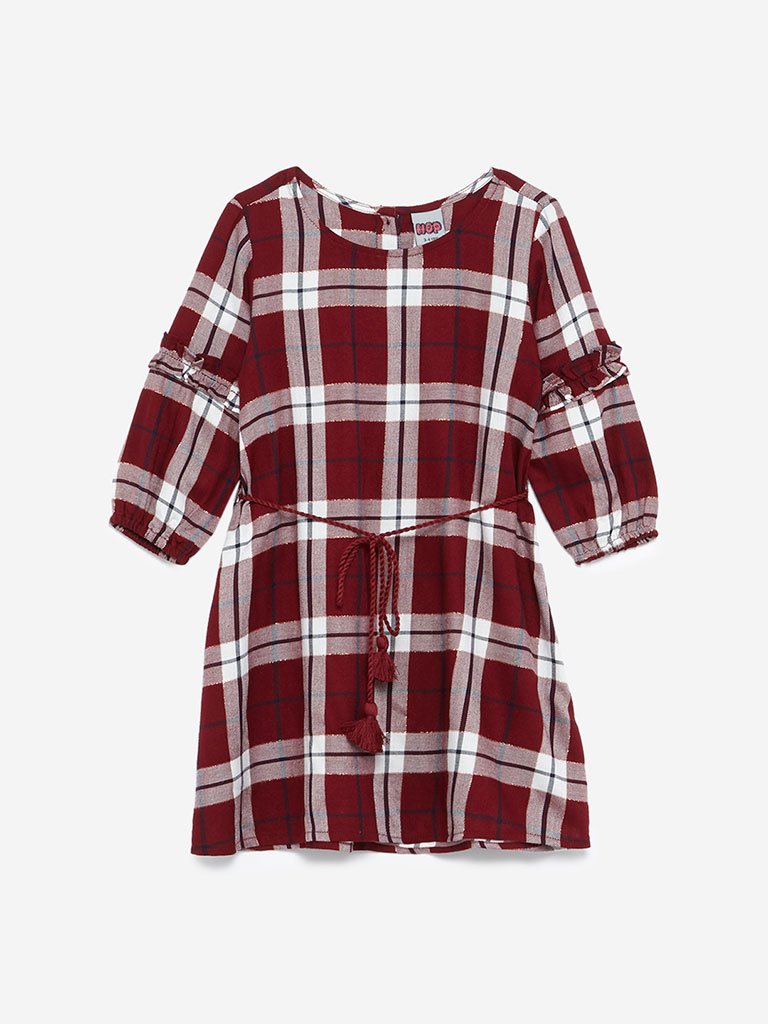 HOP Kids Burgundy Checked Naira Dress With Belt