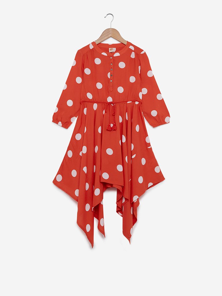 Y&F Kids Orange Romnia Polkadot Dress With Belt