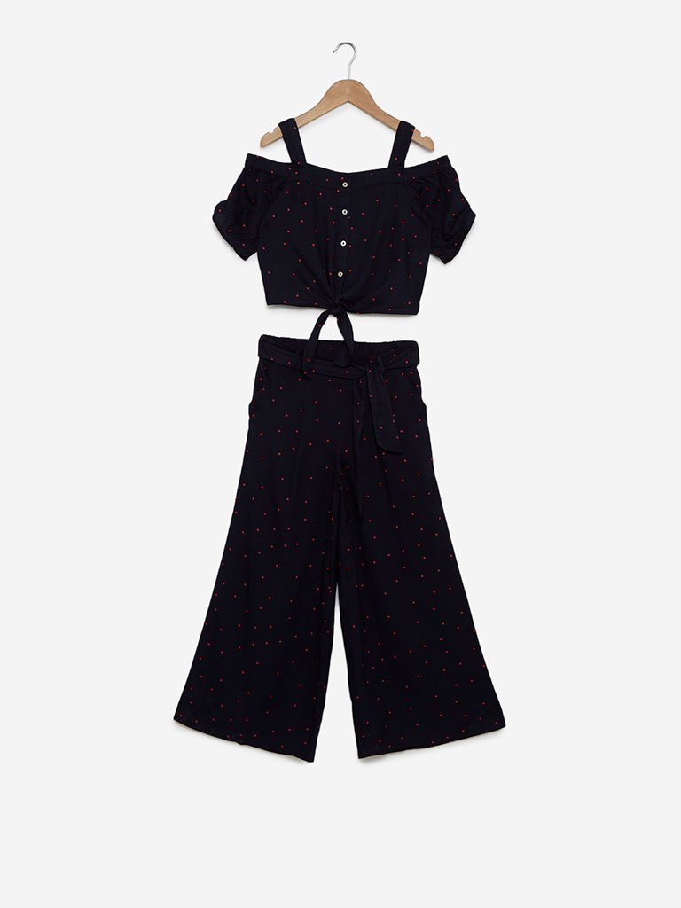 Y&F Kids Navy Dot Crop-Top With Belted Palazzos