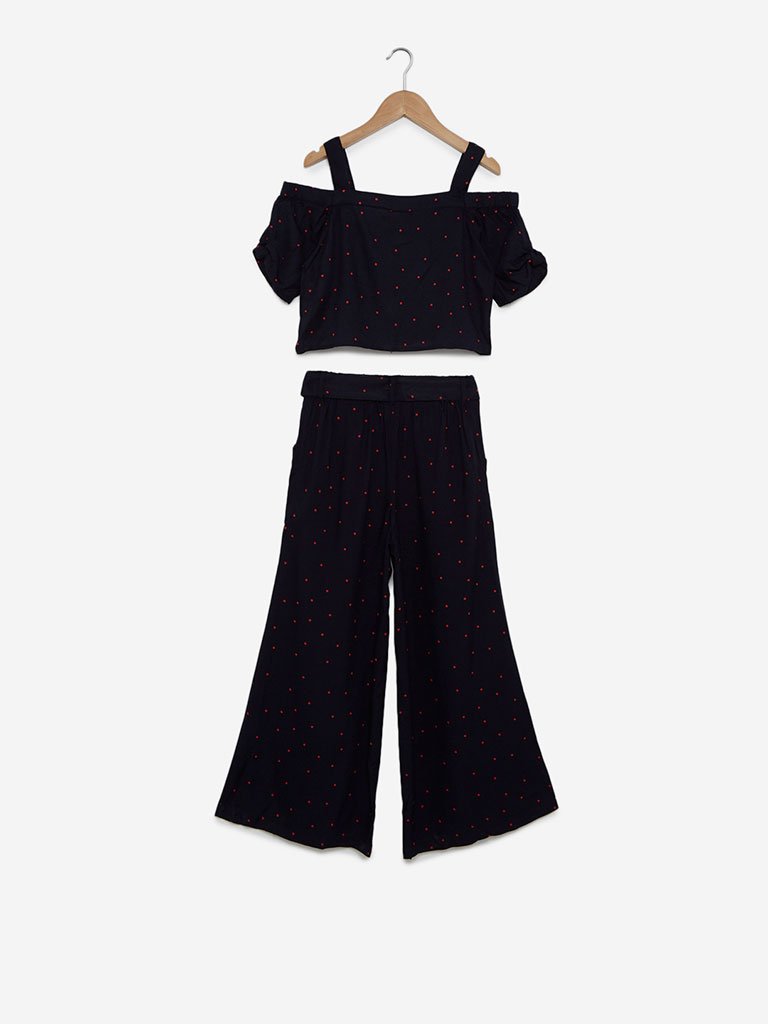 Y&F Kids Navy Dot Crop-Top With Belted Palazzos