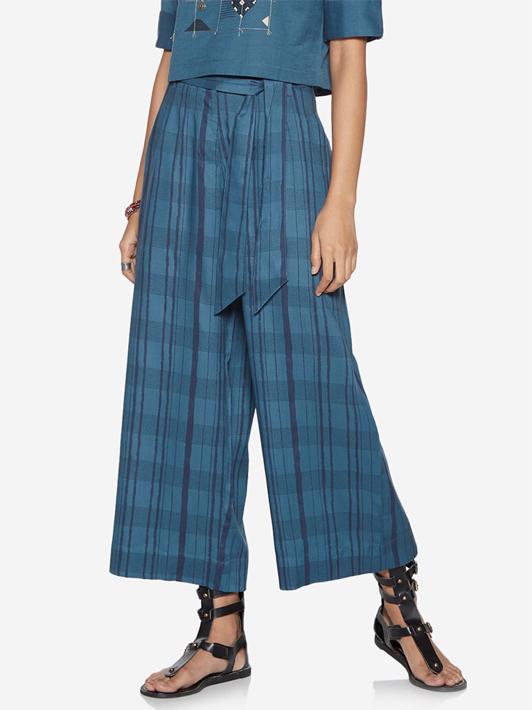 Bombay Paisley Blue Flared Palazzos With Belt