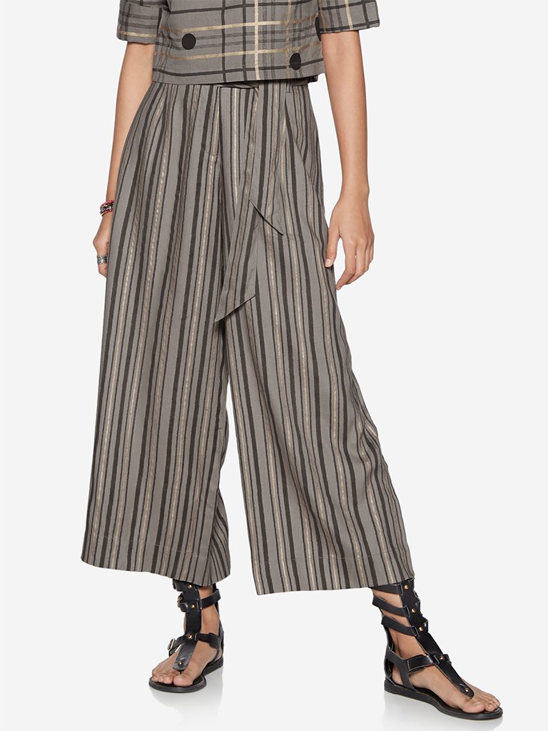 Bombay Paisley Grey Striped Palazzos With Belt